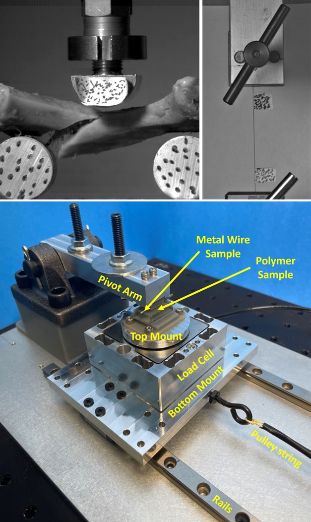 Composite image: Porcine rib bone breaking during three-point bending impact test; small-diameter Nitinol wire in tension test grips with digital image correlation markers; small-scale friction test fixture with labeled components.