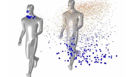 Droplet trajectory emitted from an individual running at a moderately slow pace 2 meters ahead of another runner.